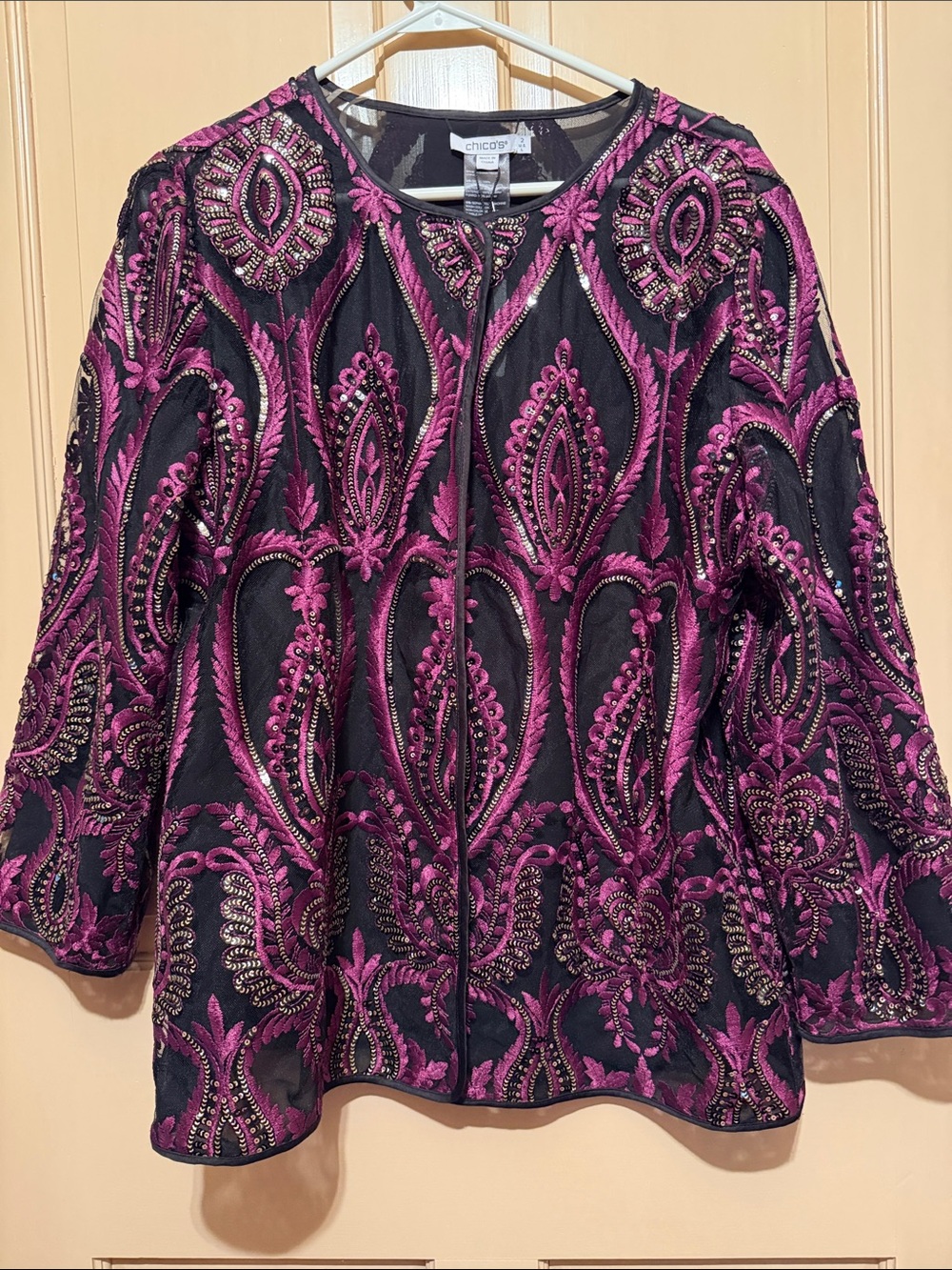 Chico's NWT Black Jacket with Magenta Embroidery